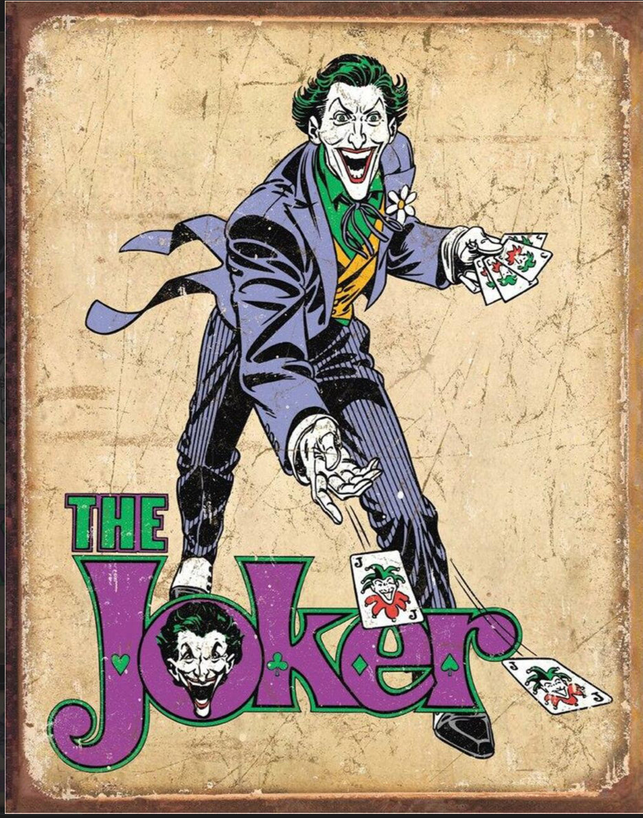 DC Comics The Joker on a 12.5 W x 16 H Tin Sign.This Quality Sign Has A Smooth Clear Coat Finish.