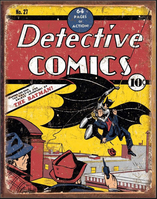 Detective Comics Cover,The Batman on A 12.5” W x 16” H Tin Sign.This Quality Sign Has A Smooth Clear Coat Finish.This Sign Is Suitable for Inside or Outdoor Hanging.