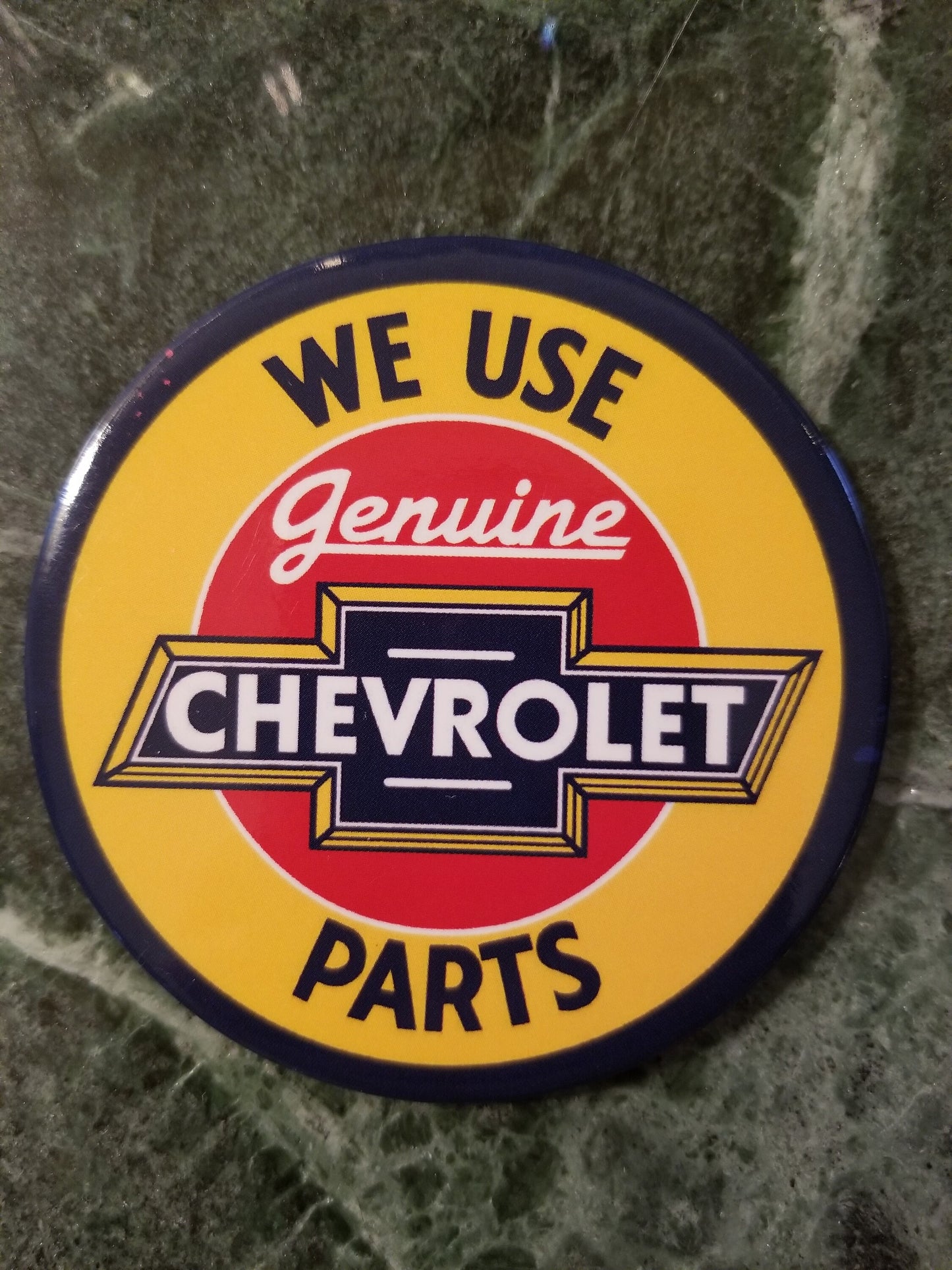 We Use Genuine Chevrolet Parts Refrigerator Magnet,3”Diameter Magnet with Glossy Finish.