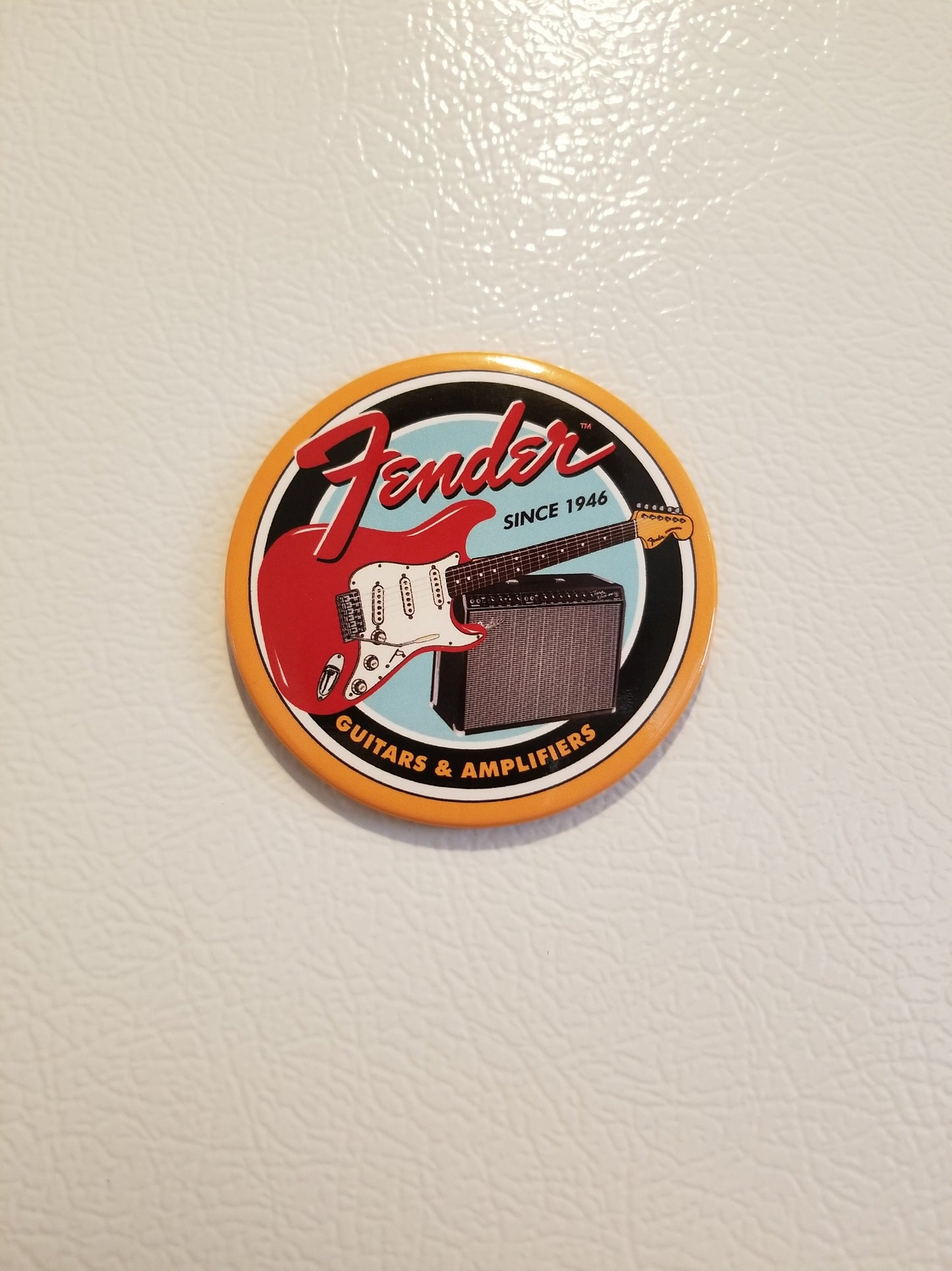 Fender Since 1946 Refrigerator Magnet,3” Diameter Steel Magnet with a Glossy Finish.