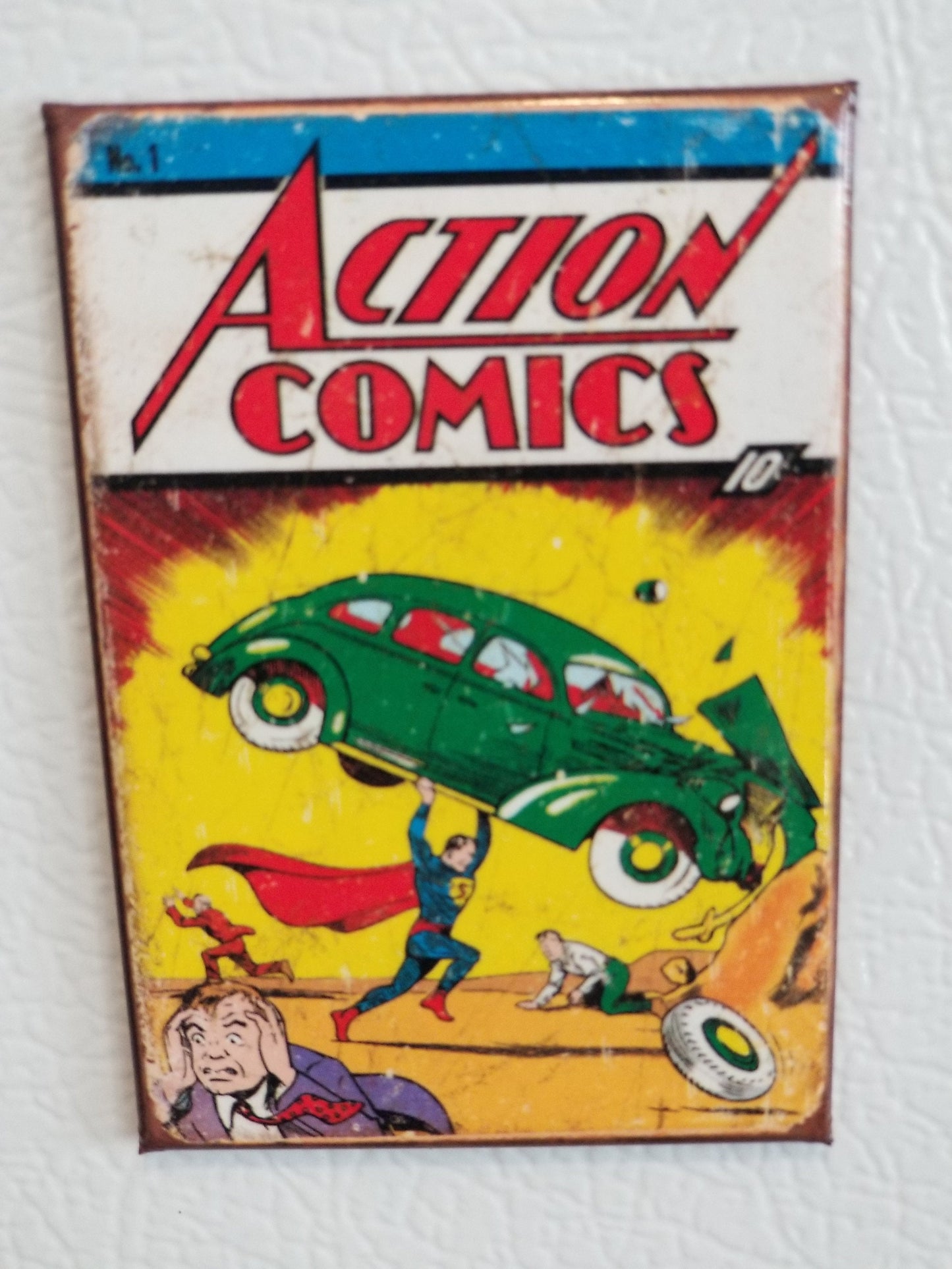 Vintage Superman on Action Comics #1 Cover First Published in 1938 on a 2x3 Refrigerator Magnet with Glossy Finish.