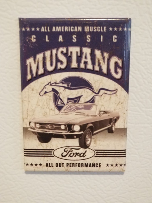 Classic Ford Mustang on a 2x3 Refrigerator Magnet with Glossy Finish.