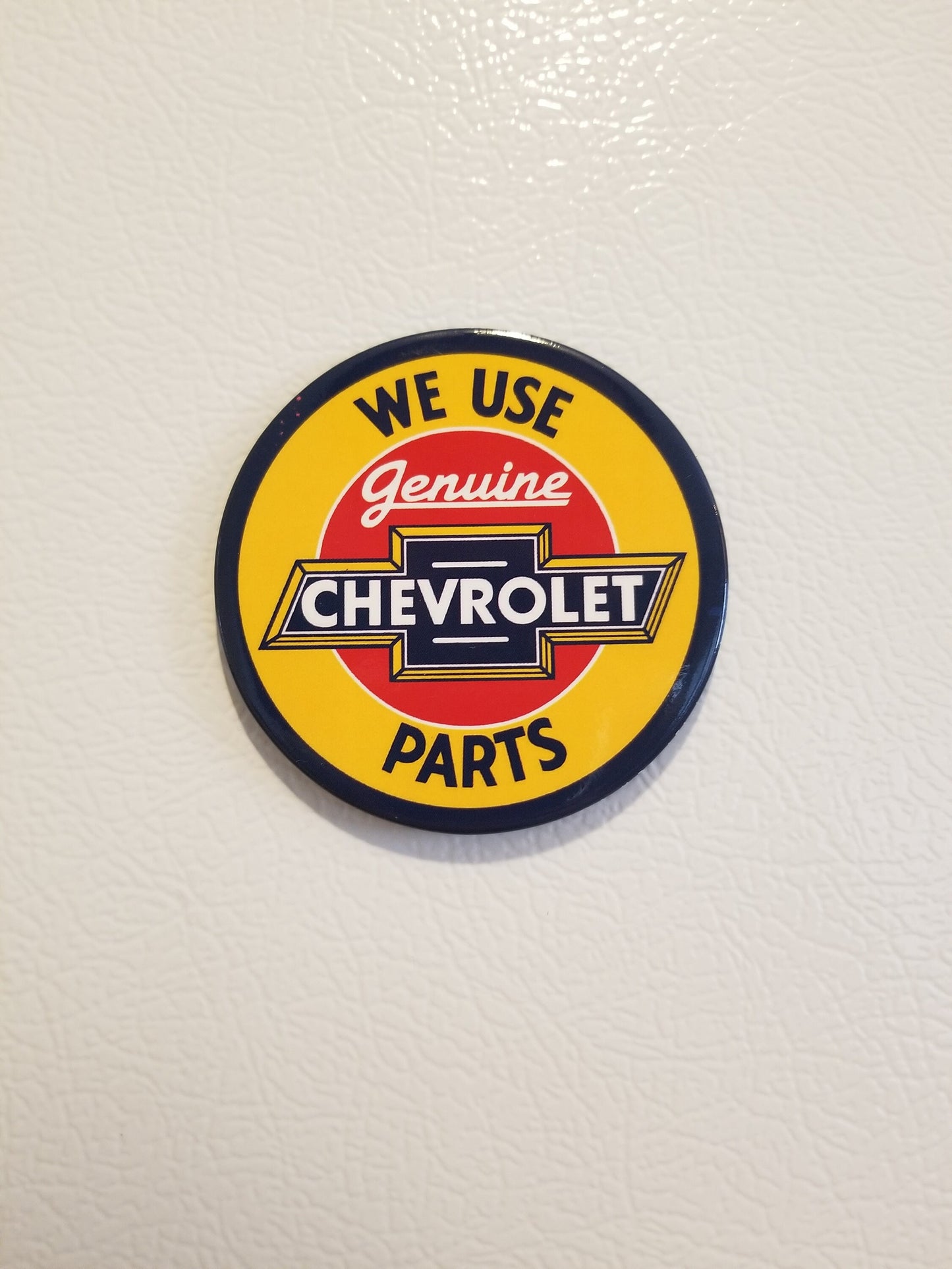 We Use Genuine Chevrolet Parts Refrigerator Magnet,3”Diameter Magnet with Glossy Finish.