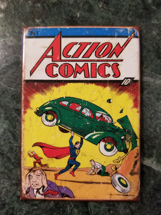 Vintage Superman on Action Comics #1 Cover First Published in 1938 on a 2x3 Refrigerator Magnet with Glossy Finish.