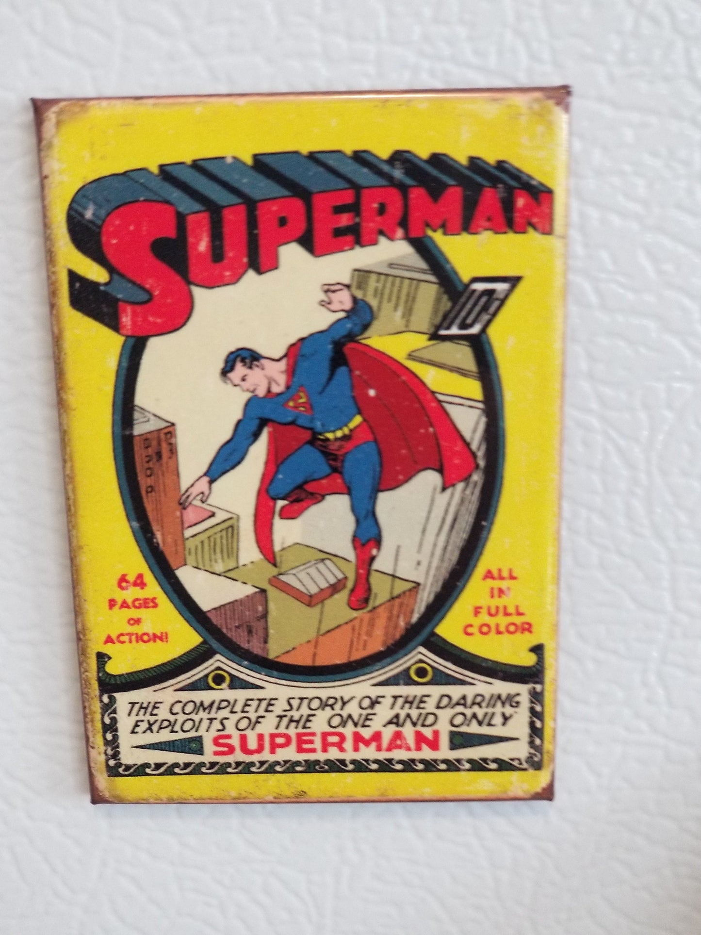 Vintage Superman on Action Comics Cover on a 2x3 Refrigerator Magnet with Glossy Finish.