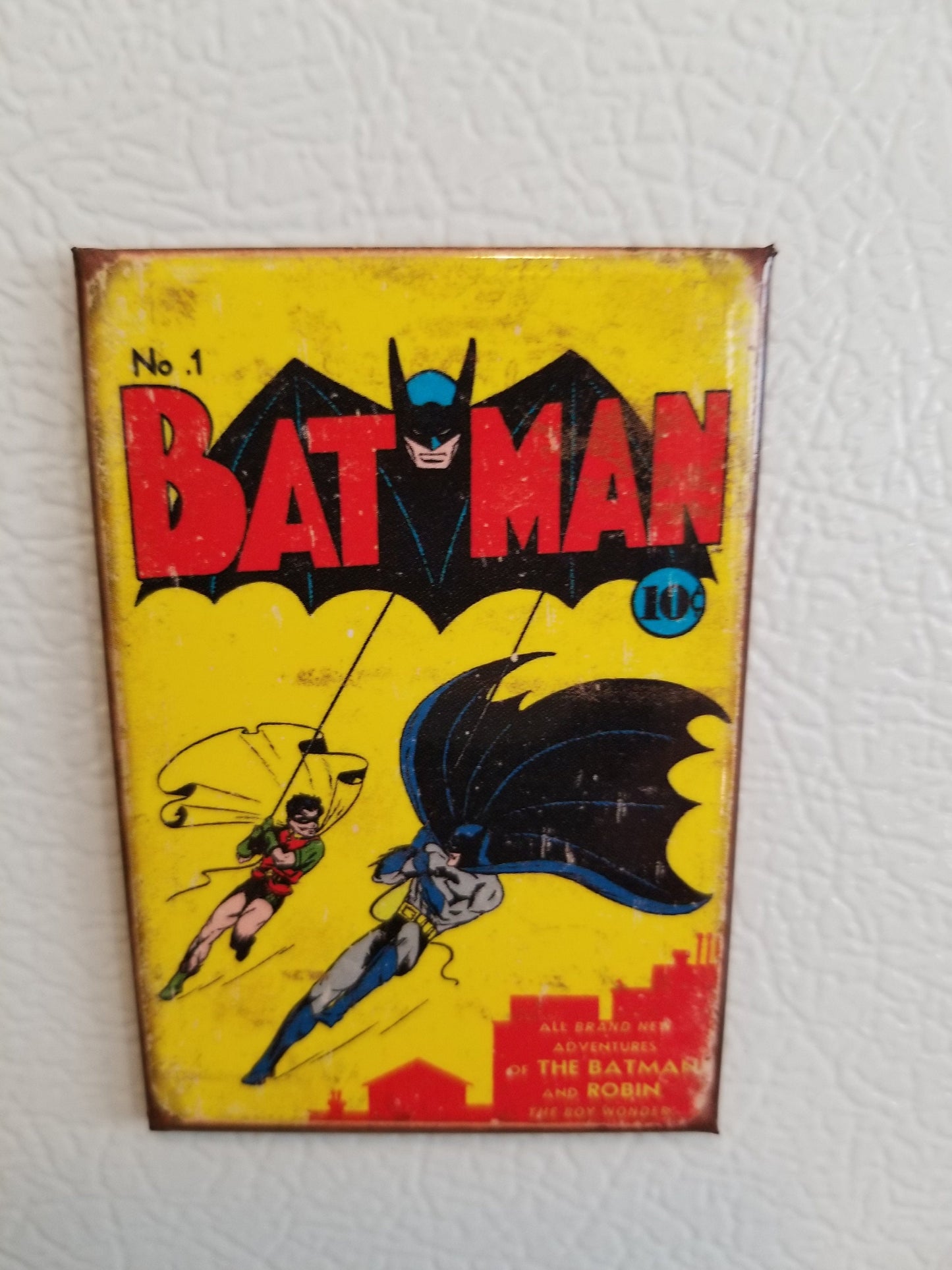 Vintage Batman and Robin on #1 Comic Book Cover on a 2x3 Refrigerator Magnet with Glossy Finish.