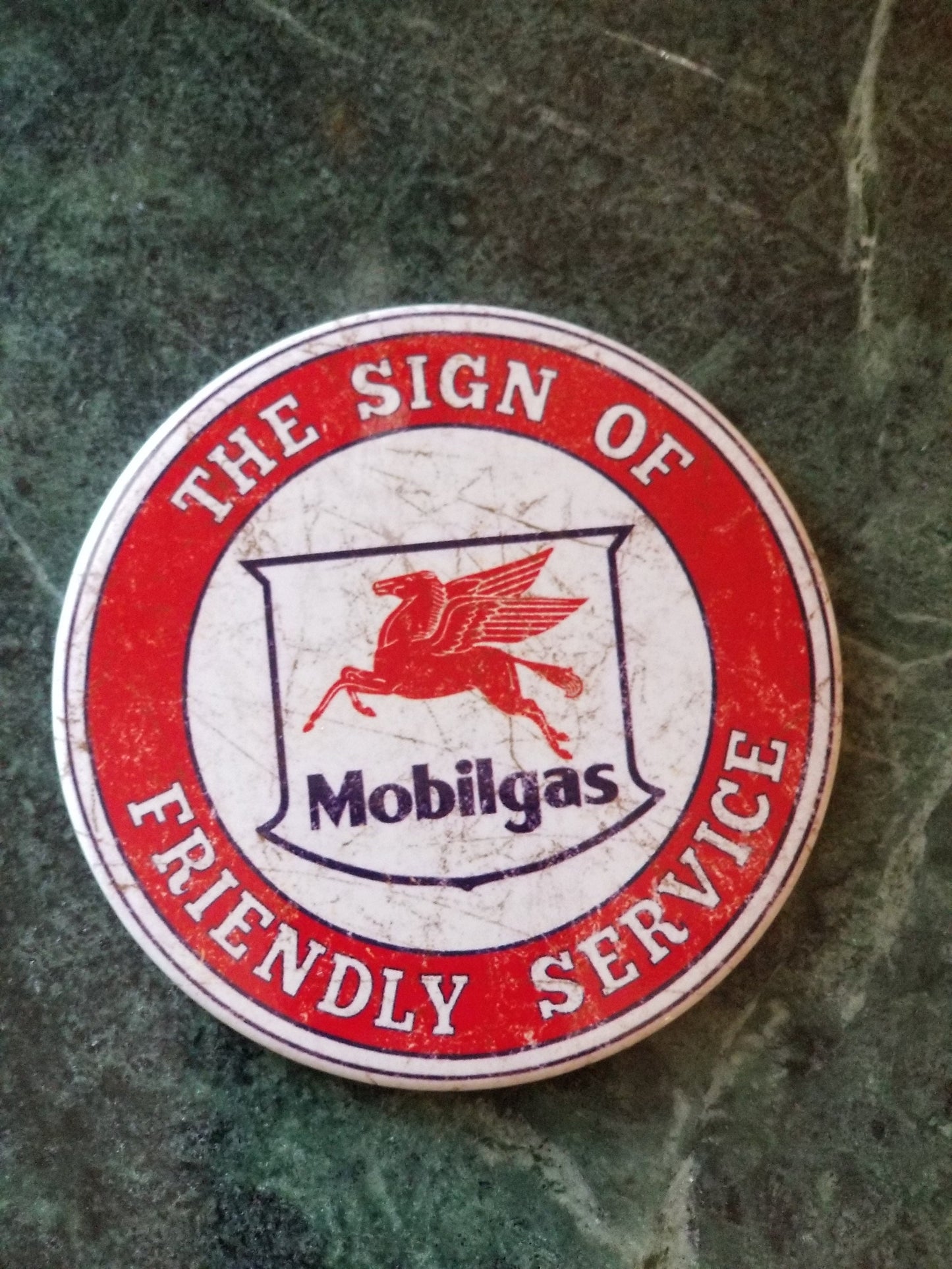 Vintage Mobilgas,The Sign of Friendly Service on a 3” Diameter Magnet with Glossy Finish.Quality Steel Construction.