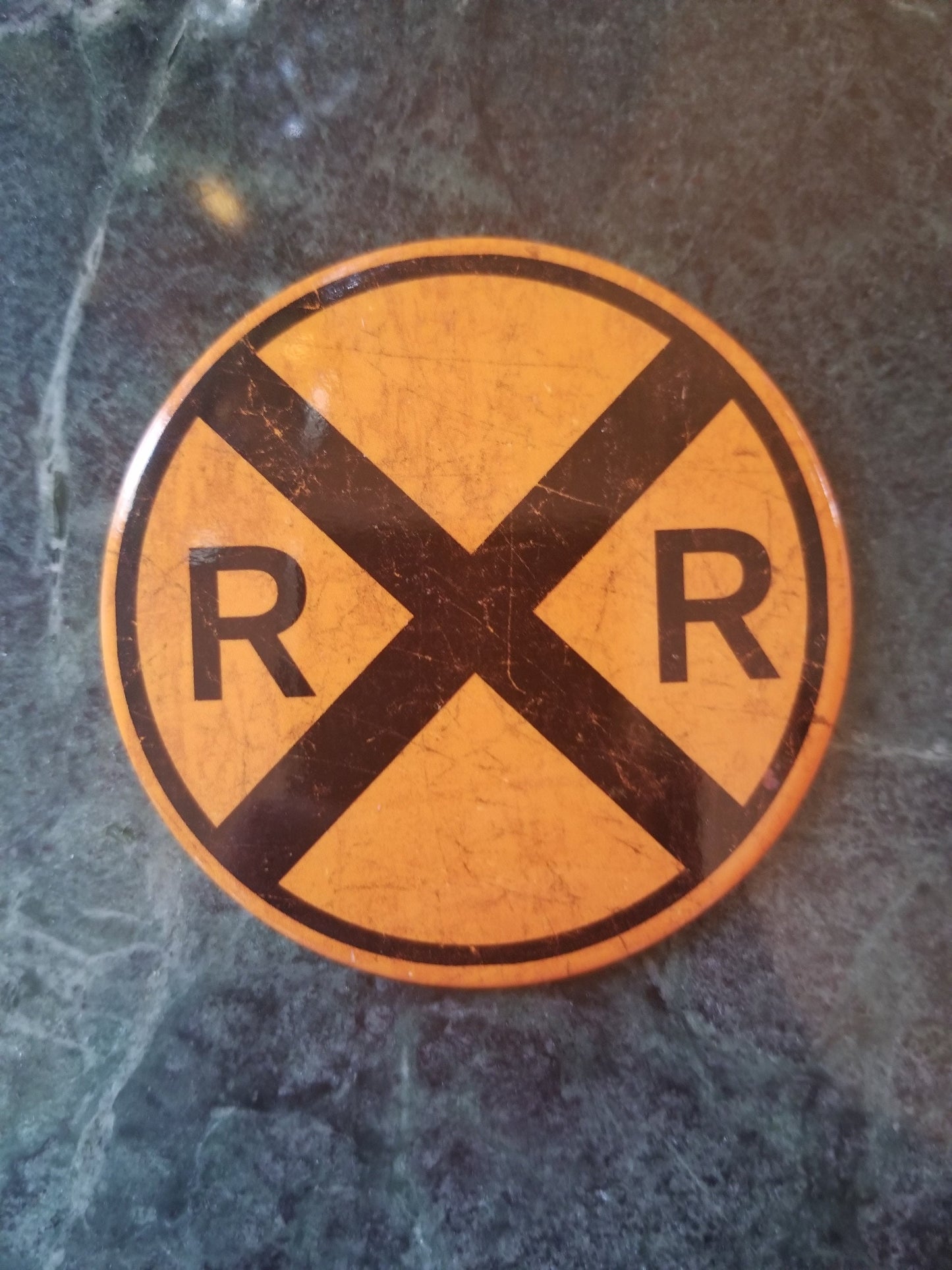 Railroad Crossing on a 3” Diameter Magnet with Glossy Finish.Quality Steel Construction.