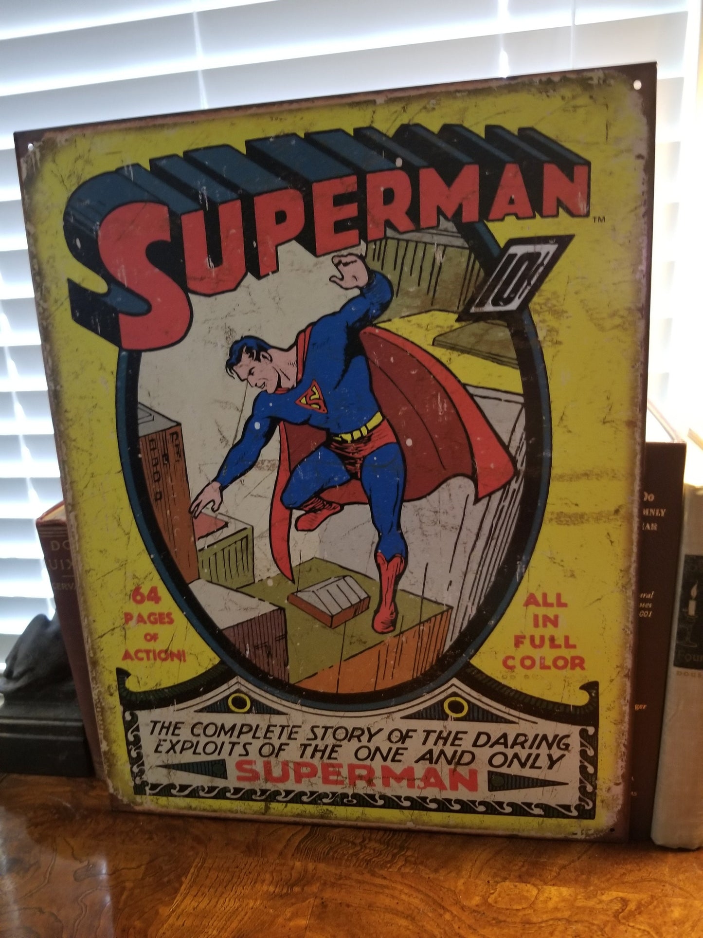 Superman #1 Comic Cover,This Design Is On A 12.5” W x 16” H Tin Sign.This Quality Sign Has A Smooth Clear Coat Finish.