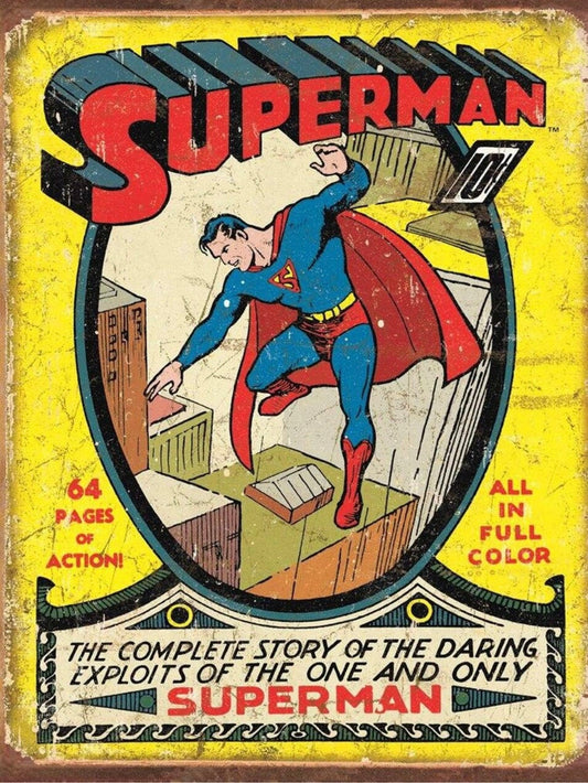 Superman #1 Comic Cover,This Design Is On A 12.5” W x 16” H Tin Sign.This Quality Sign Has A Smooth Clear Coat Finish.