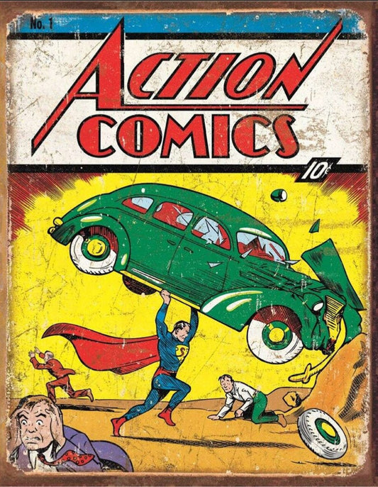 Action Comics #1 Cover Superman,On A 12.5” W x 16” H Tin Sign.This Quality Sign Has A Smooth Clear Coat Finish.