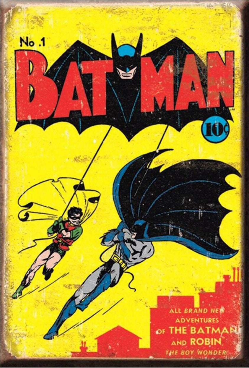 Vintage Batman and Robin on #1 Comic Book Cover on a 2x3 Refrigerator Magnet with Glossy Finish.