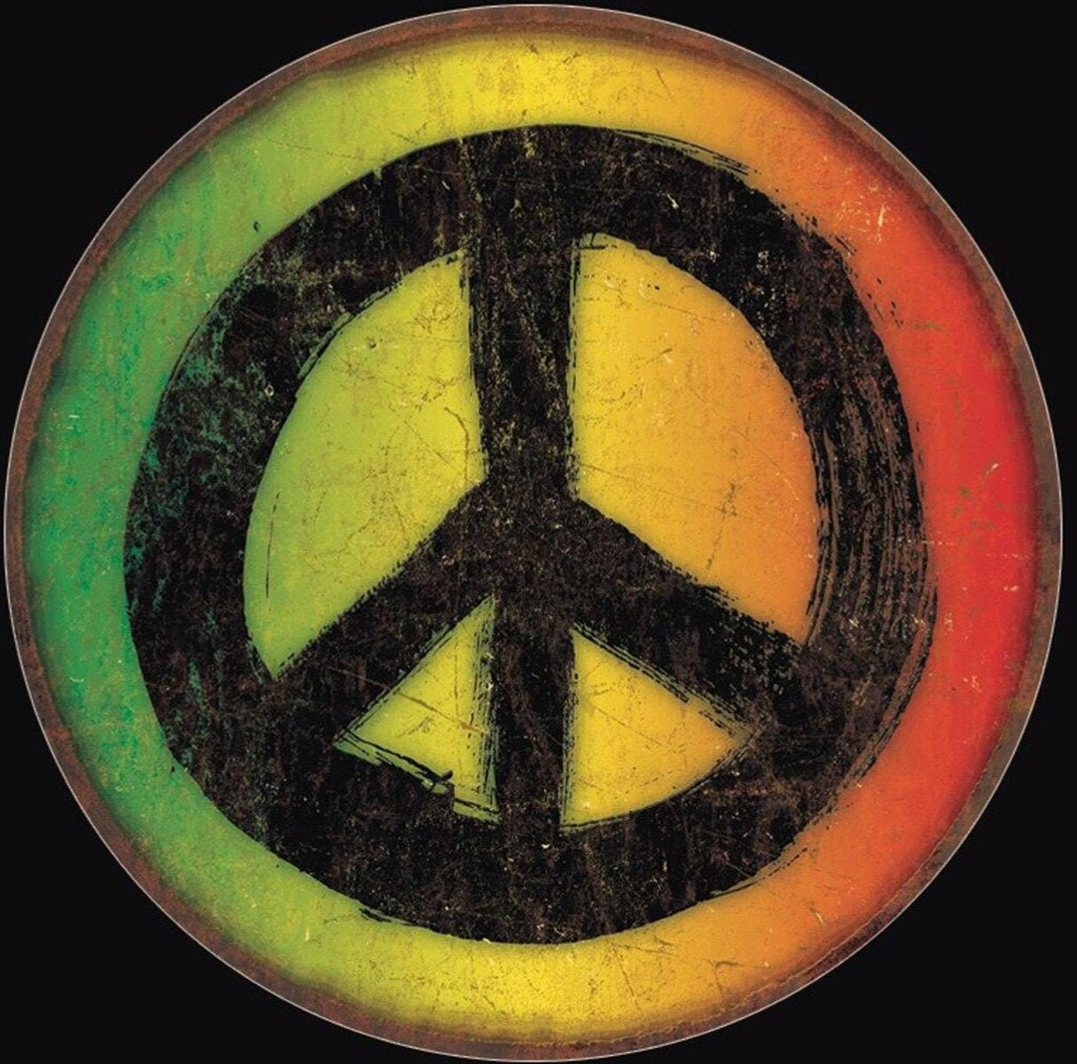 Peace Sign on a 11.75 diameter Tin Sign.This Quality Sign Has A Smooth Clear Coat Finish.