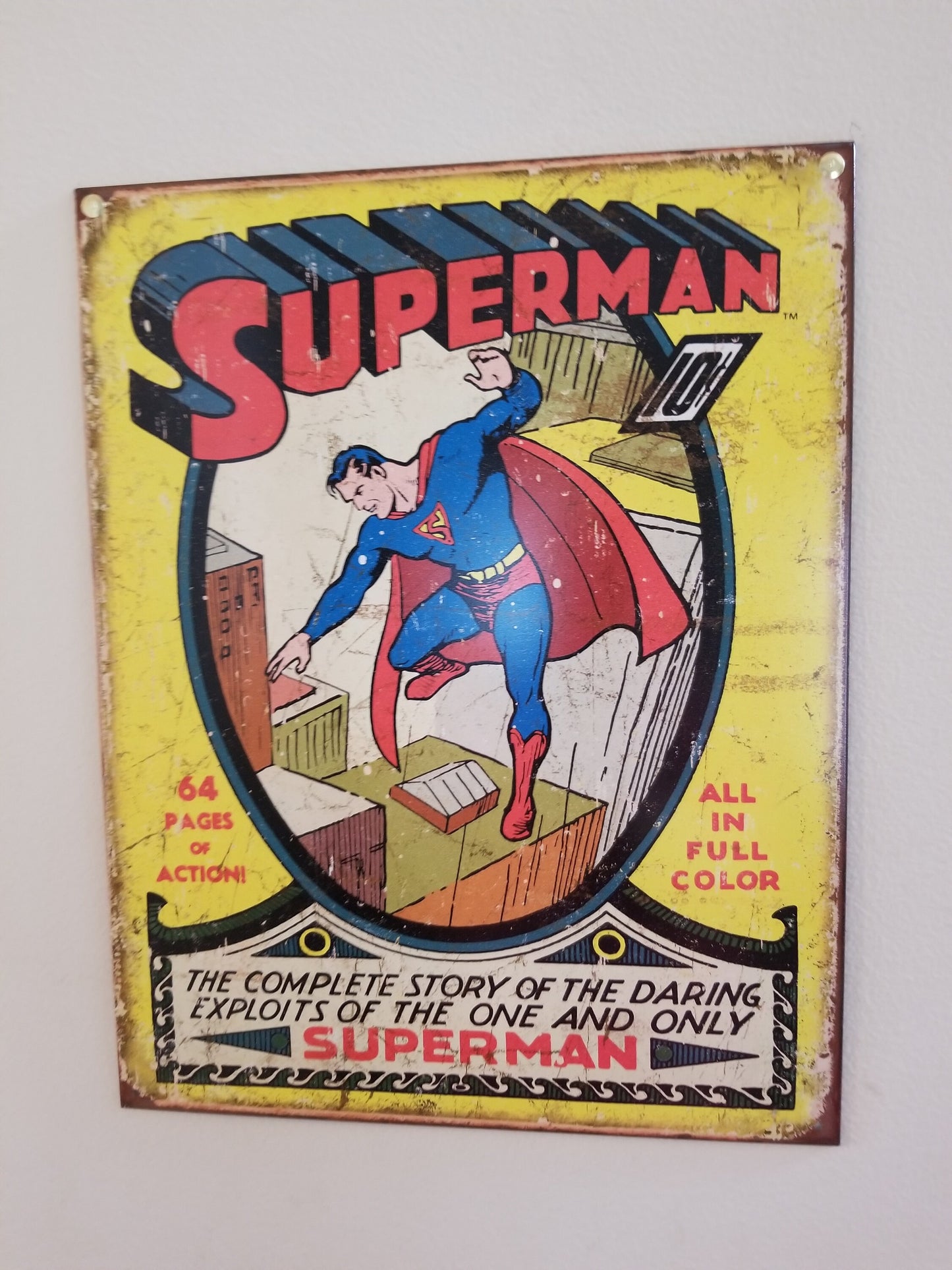 Superman #1 Comic Cover,This Design Is On A 12.5” W x 16” H Tin Sign.This Quality Sign Has A Smooth Clear Coat Finish.