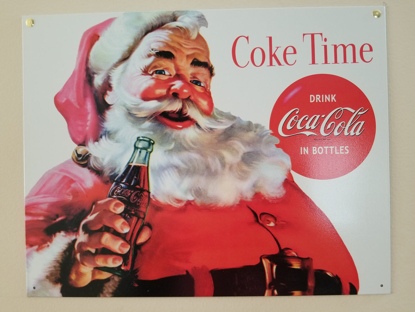 Santa Coke Time,This Design Is On A 16 W x 12.5 H Tin Sign.This Quality Sign Has A Smooth Clear Coat Finish