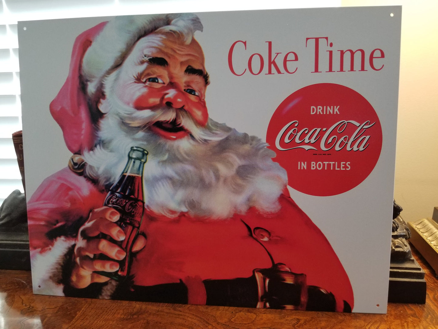 Santa Coke Time,This Design Is On A 16 W x 12.5 H Tin Sign.This Quality Sign Has A Smooth Clear Coat Finish