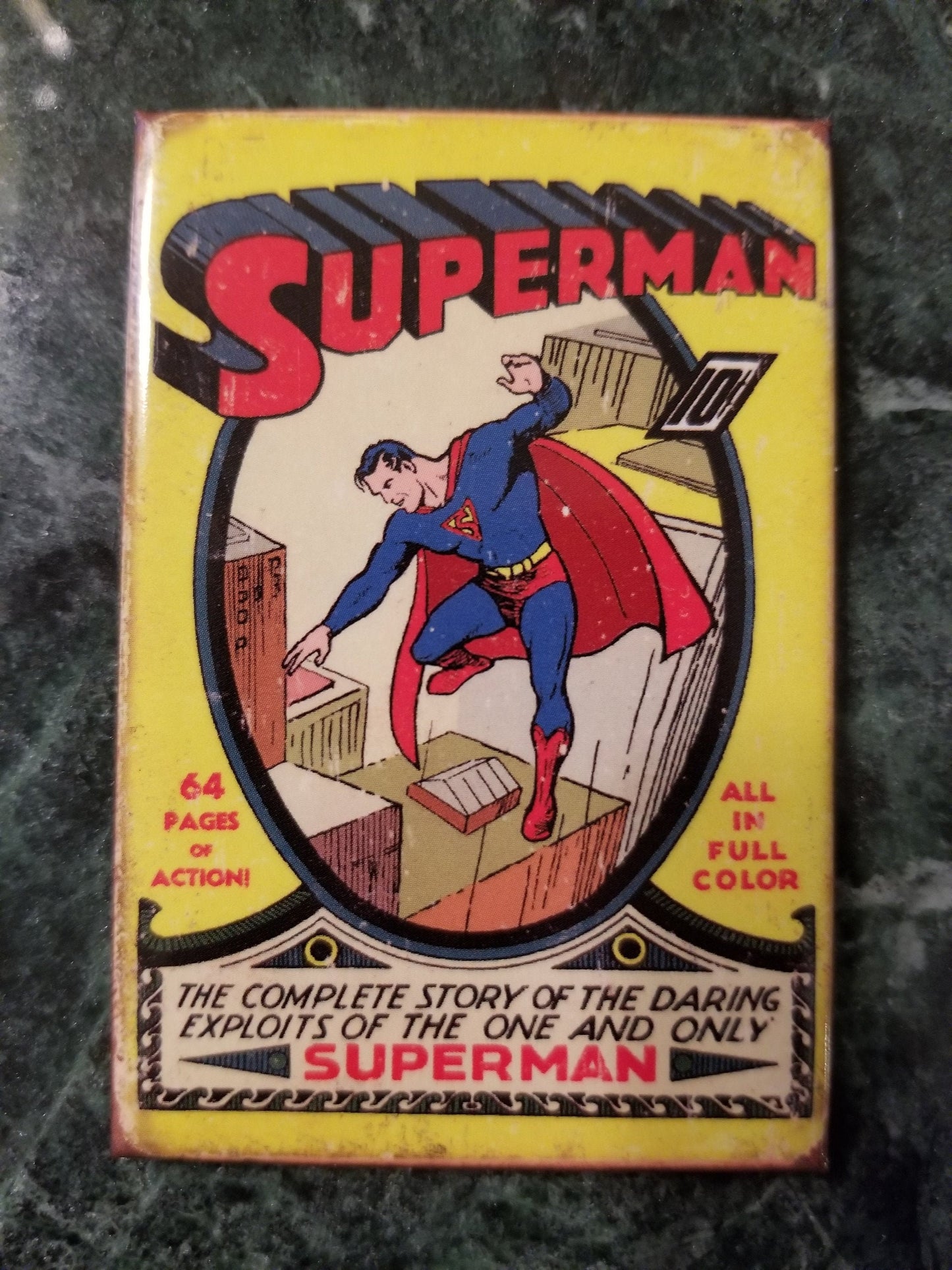 Vintage Superman on Action Comics Cover on a 2x3 Refrigerator Magnet with Glossy Finish.