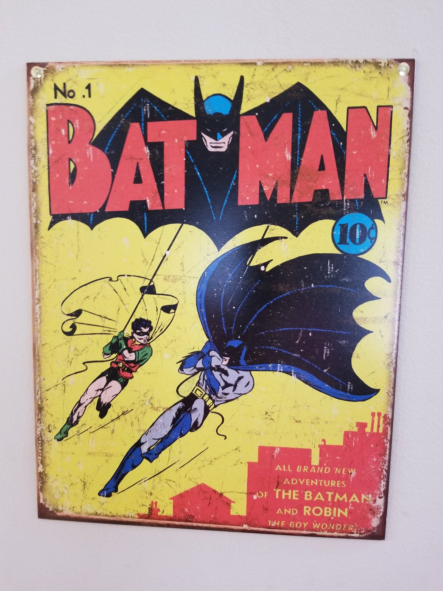 Batman #1 Comic Cover,This Design Is On A 12.5” W x 16” H Tin Sign.This Quality Sign Has A Smooth Clear Coat Finish.