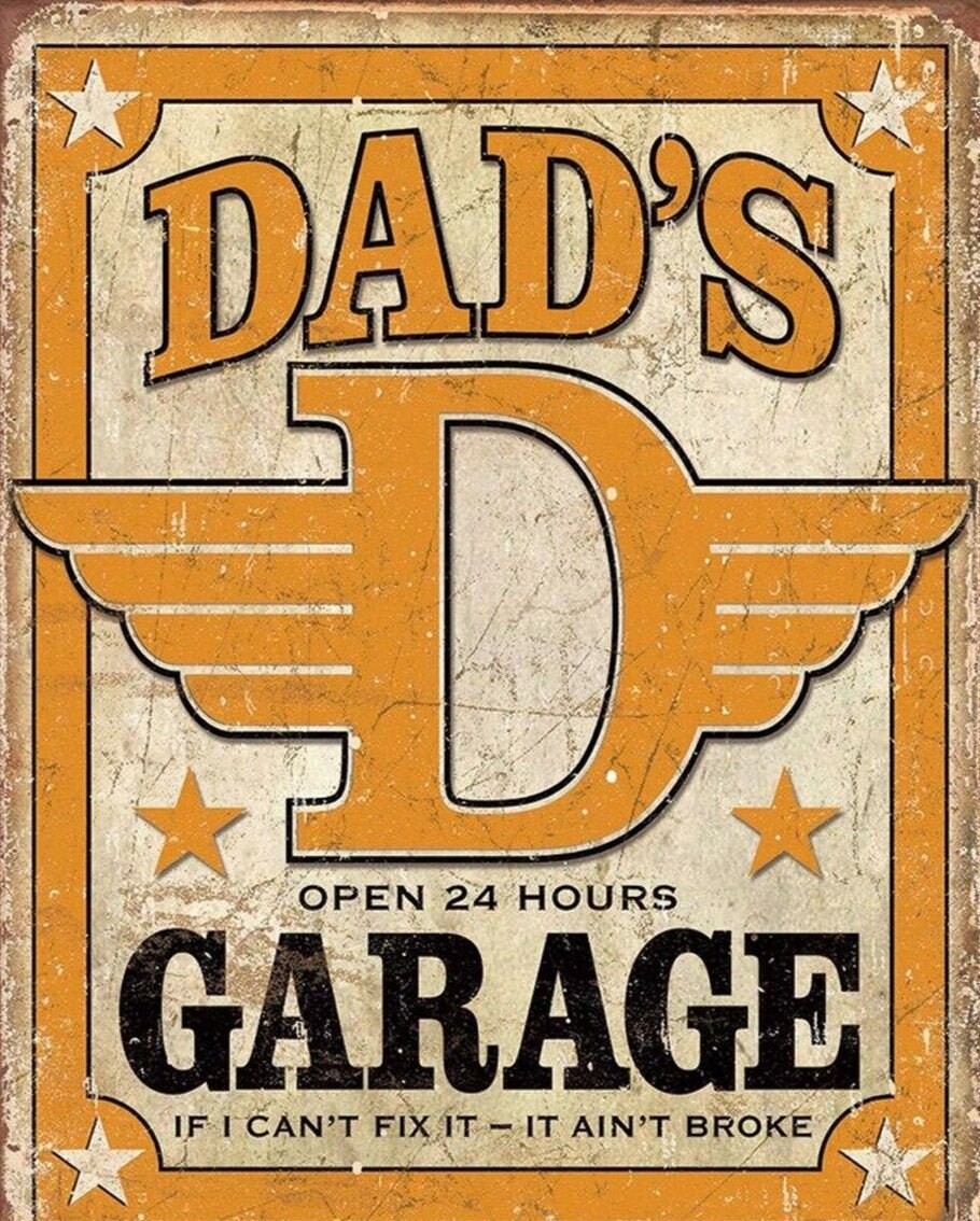 Dads Garage Open 24 Hours on a 12.5”W x 16”H Tin Sign.This Quality Sign Has A Smooth Clear Coat Finish.