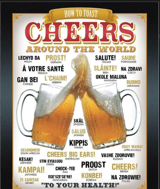 How To Toast Around The  World,Cheers on a 12.5” W x 16” H Tin Sign.This Quality Sign Has A Smooth Clear Coat Finish.