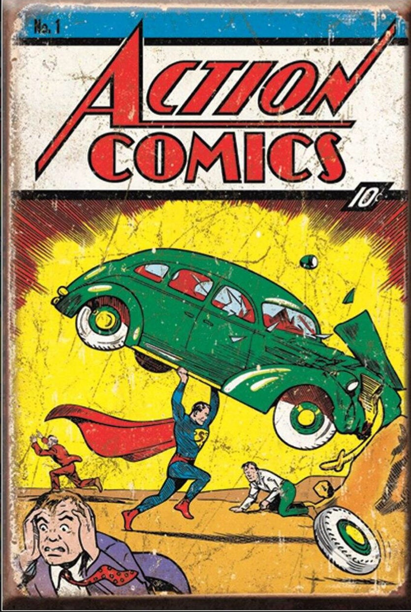 Vintage Superman on Action Comics #1 Cover First Published in 1938 on a 2x3 Refrigerator Magnet with Glossy Finish.