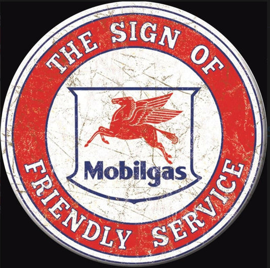 Vintage Mobilgas,The Sign of Friendly Service on a 3” Diameter Magnet with Glossy Finish.Quality Steel Construction.