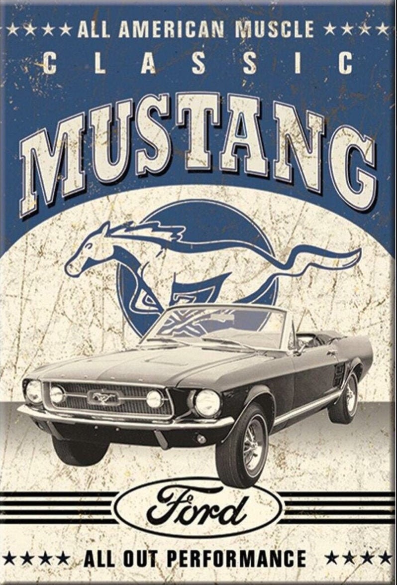 Classic Ford Mustang on a 2x3 Refrigerator Magnet with Glossy Finish.