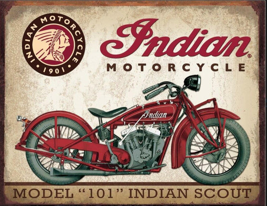 Indian Scout Motorcycle  on a 16”W x 12.5”H Tin Sign.This Quality Sign Has A Smooth Clear Coat Finish.