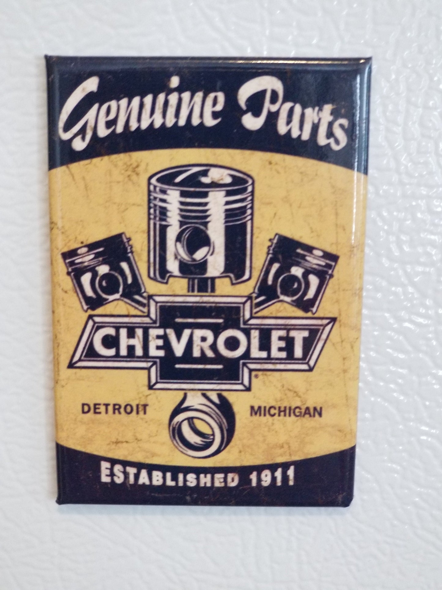 Genuine Parts Chevrolet Established 1911 on a 2x3 Refrigerator Magnet with Glossy Finish.Quality steel construction