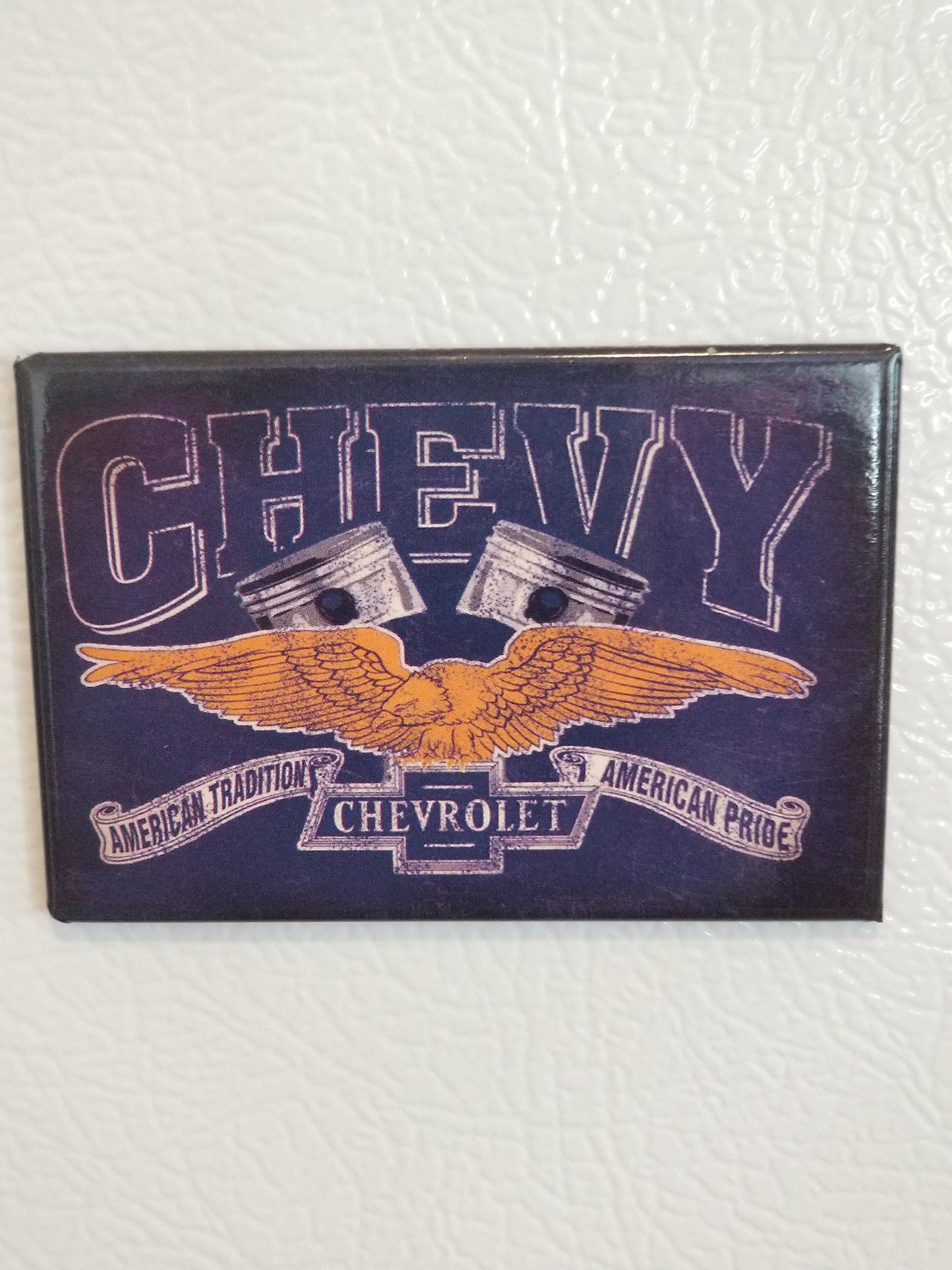 Chevrolet American Tradition and American Pride on a 2x3 Refrigerator Magnet with Glossy Finish.Quality steel construction