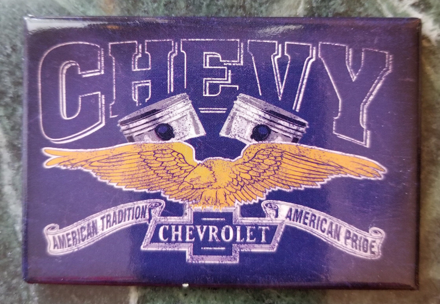 Chevrolet American Tradition and American Pride on a 2x3 Refrigerator Magnet with Glossy Finish.Quality steel construction