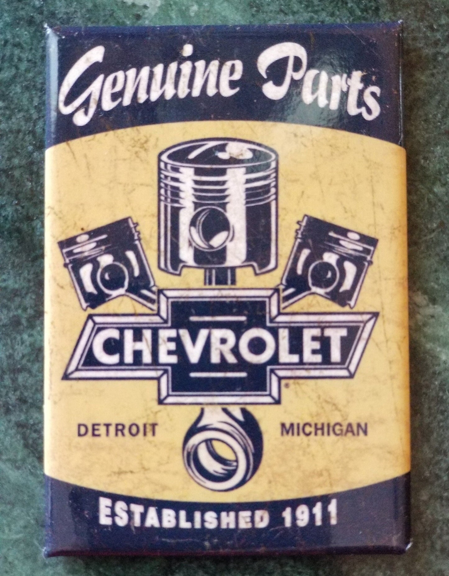 Genuine Parts Chevrolet Established 1911 on a 2x3 Refrigerator Magnet with Glossy Finish.Quality steel construction