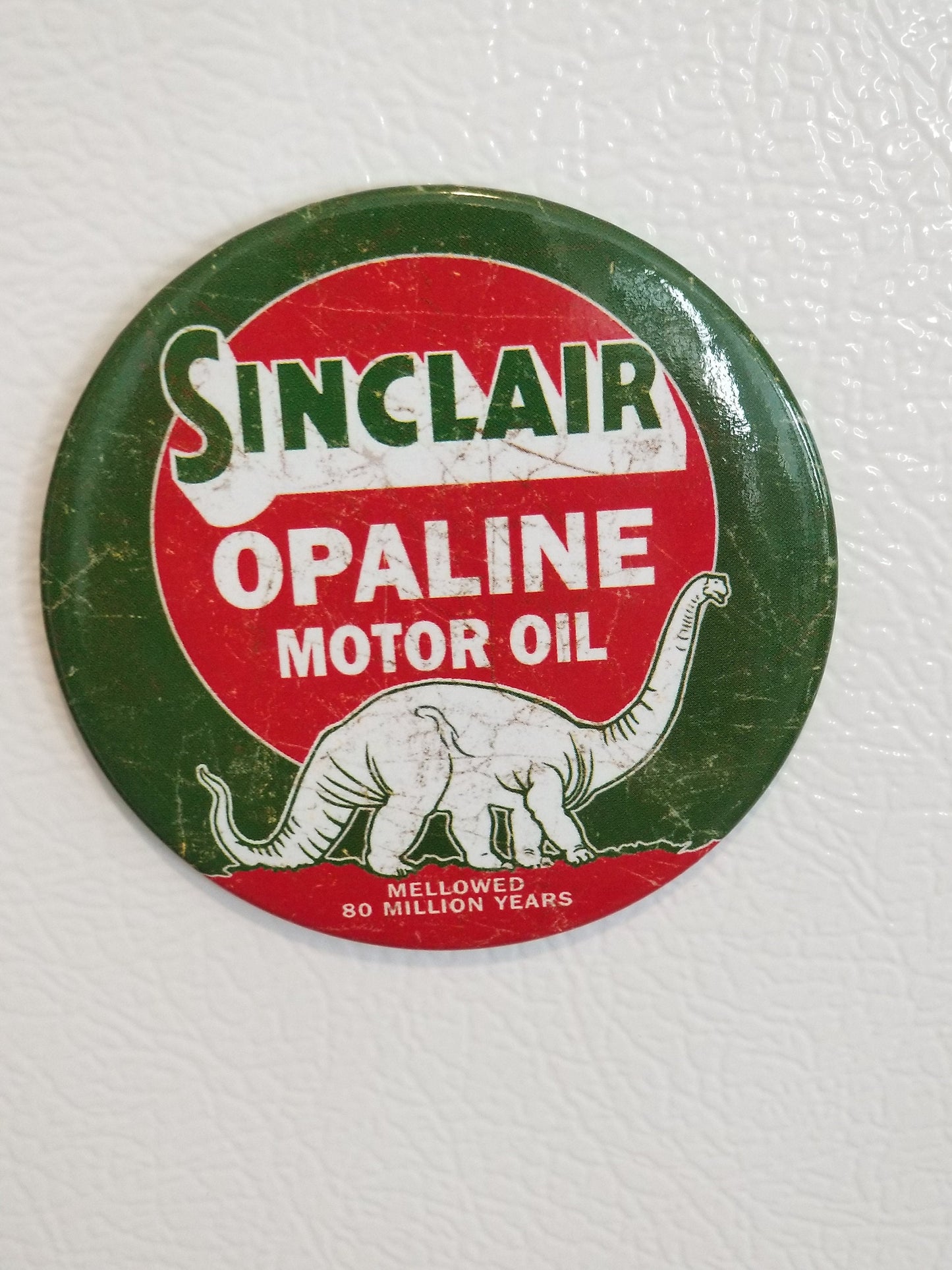 Sinclair Opaline Motor Oil  on a 3” Diameter Magnet with Glossy Finish Quality Steel Construction