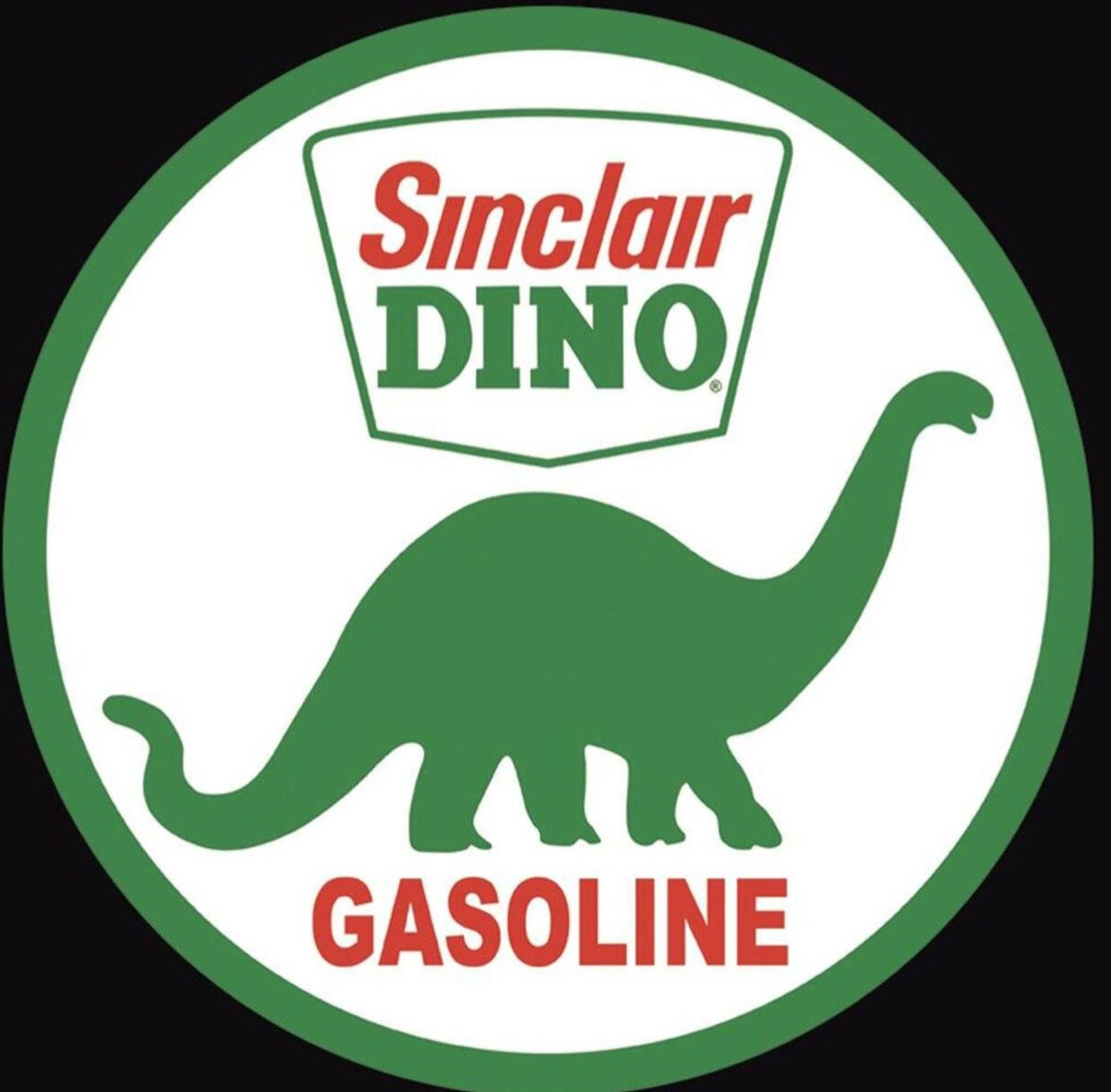 Sinclair Dino Gasoline on a 11.75 diameter.This Sign Is Suitable for Inside or Outdoor Hanging