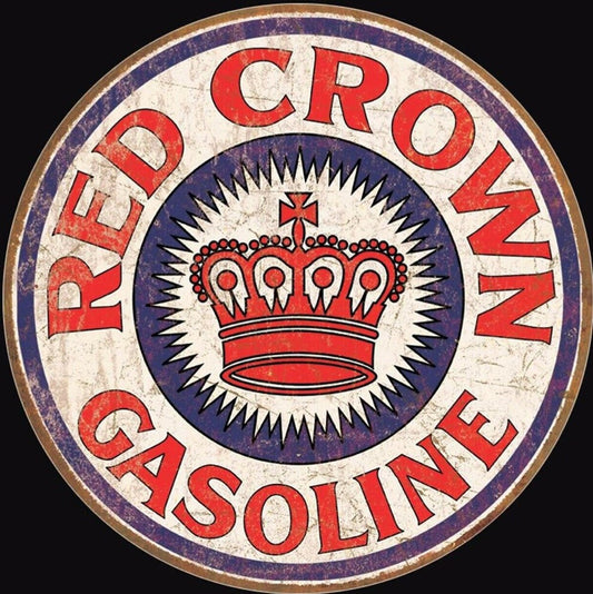 Vintage Red Crown Gasoline on a 11.75 diameter Tin Sign.This Sign Has A Smooth Clear Coat Finish.This Sign Is Suitable for Inside or Outdoor