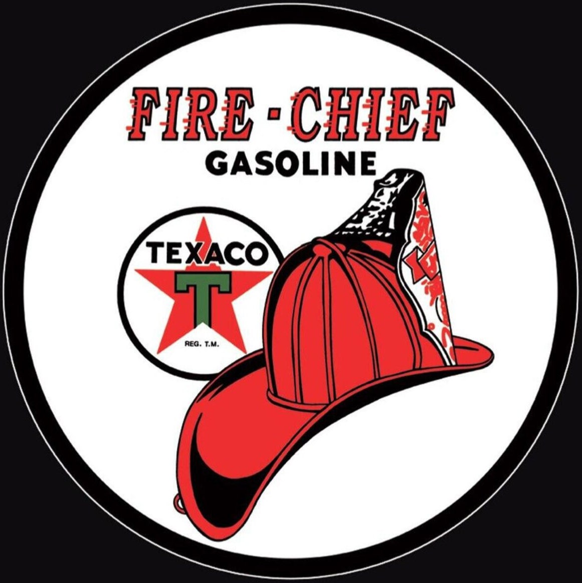 Fire Chief Gasoline by Texaco on a 11.75 diameter Tin Sign.This Sign Is Suitable for Inside or Outdoor Hanging.