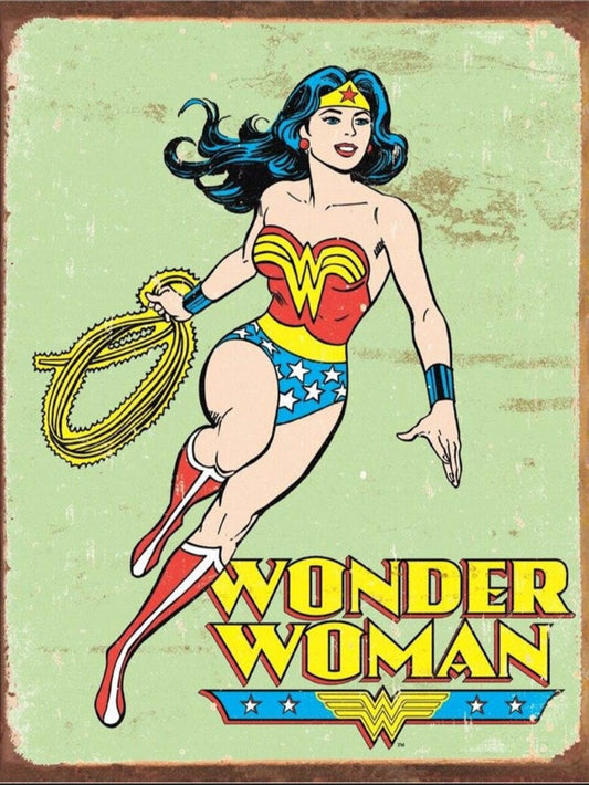 Wonder Woman on a 12.5 W x 16 H Tin Sign.This Sign Has A Smooth Clear Coat Finish. A Great Gift For Him or Her