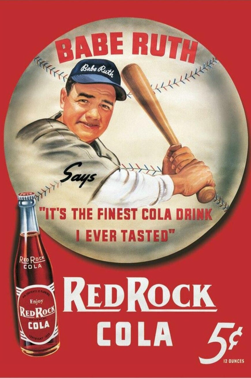 Babe Ruth and Red Rock Cola on a 16”W x 12.5”H Tin Sign.This Sign Has A Smooth Clear Coat Finis. A Gift for Him.