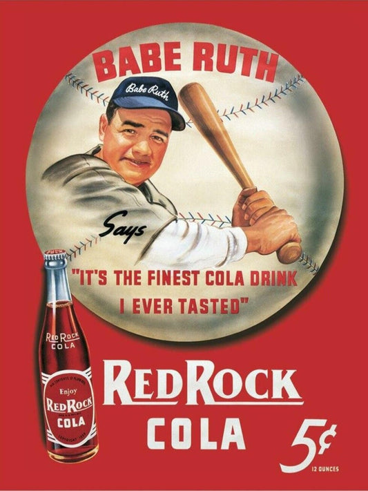 Babe Ruth and Red Rock Cola on a 16”W x 12.5”H Tin Sign.This Sign Has A Smooth Clear Coat Finis. A Gift for Him.