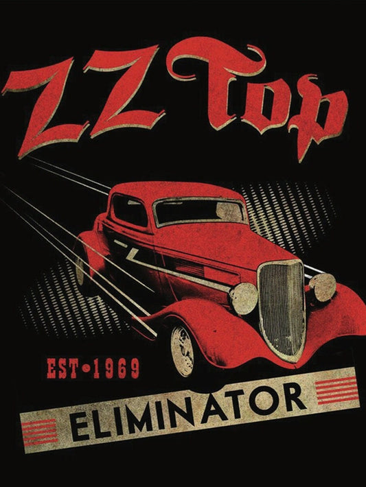 ZZ Top,Eliminator on a 16”W x 12.5”H Tin Sign.This Sign Has A Smooth Clear Coat Finish. A Gift For Any ZZ Top Fan.