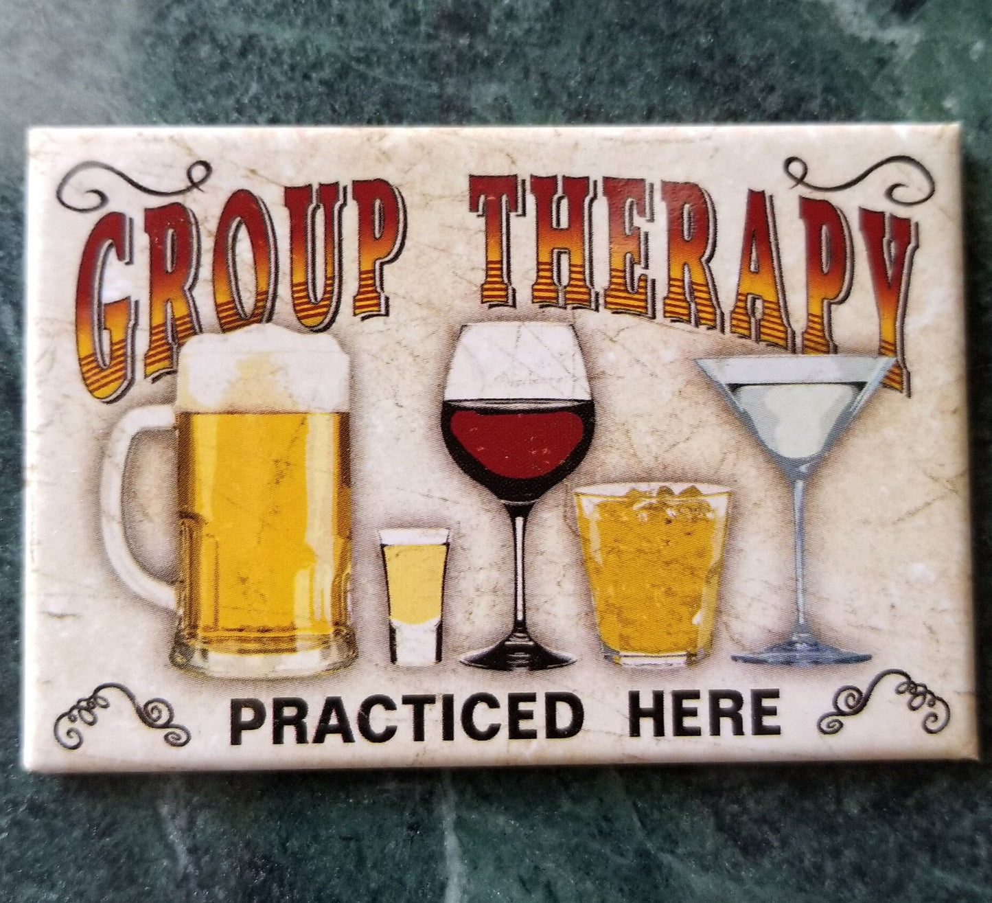 Group Therapy Practiced Here on a 2x3 Refrigerator Magnet. Quality steel construction with smooth finish. A Gift For Him or Her