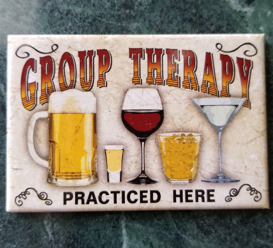 Group Therapy Practiced Here on a 2x3 Refrigerator Magnet. Quality steel construction with smooth finish. A Gift For Him or Her