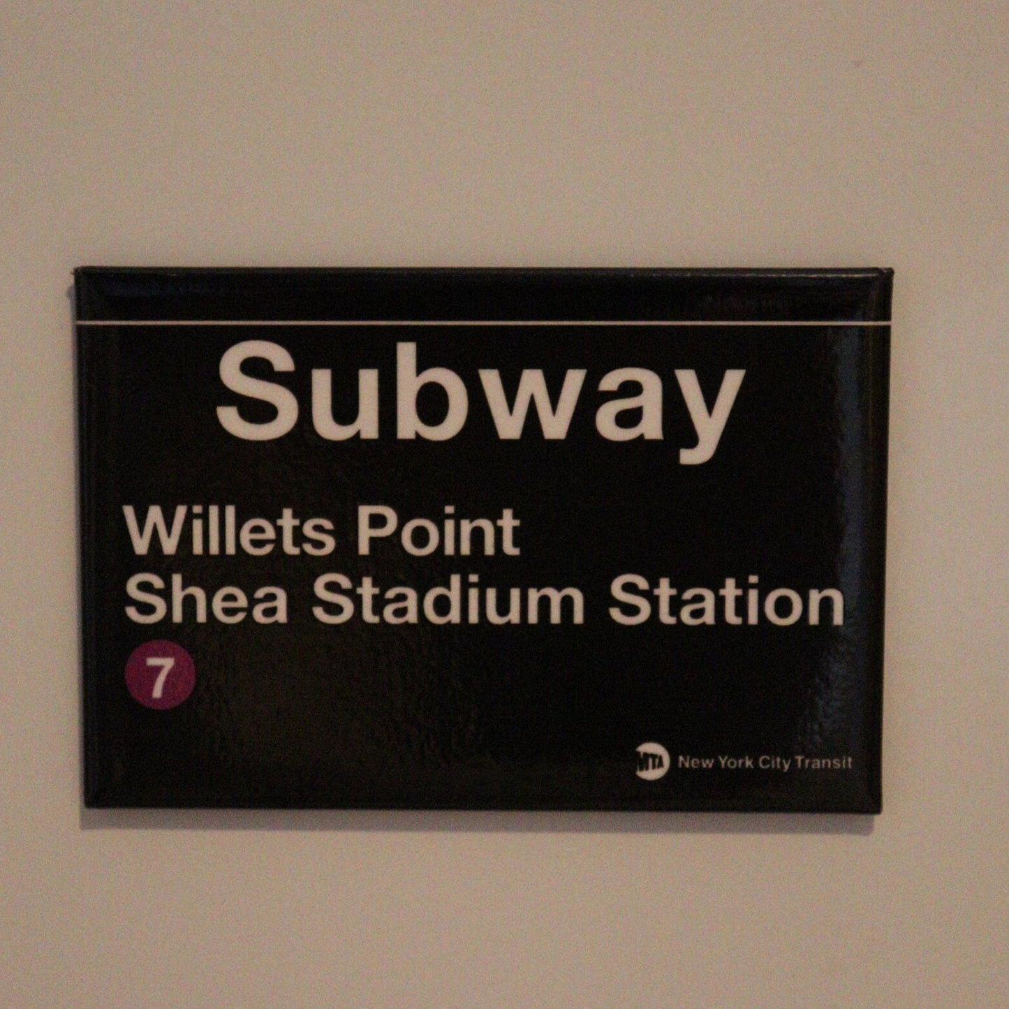 Shea Stadium Replica Subway Sign on a 2x3 Refrigerator Magnet.Metal construction with Glossy Finish. MTA Officially Licensed Product.