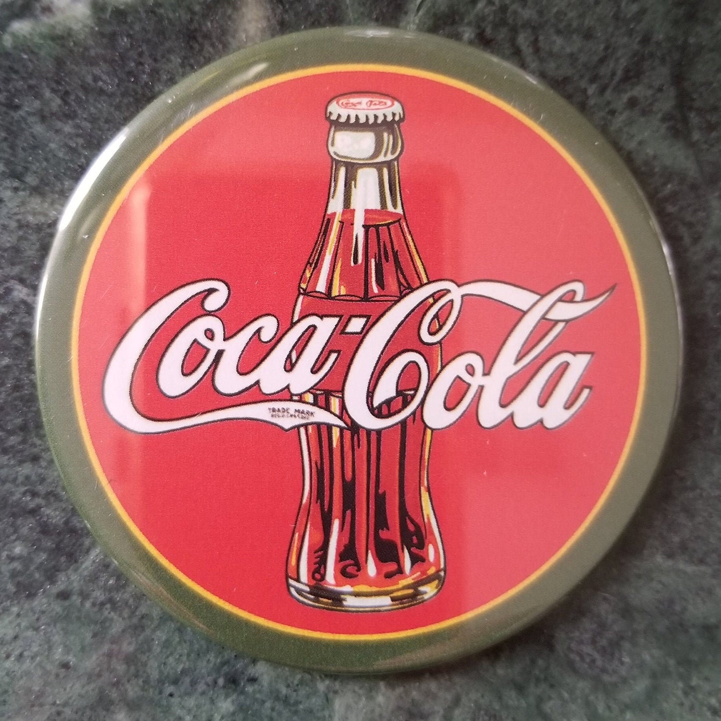 Coke Bottle Logo From The 1930 Era on a 3” Diameter Magnet with Glossy Finish Steel.Gift For Him or Her.