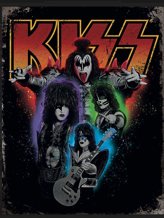 Kiss Rock Band on a 12.5” W x 16” H Tin Sign. Sign Has A Smooth Clear Coat Finish.Suitable for Inside or Outdoors.Gift For Him or Her.