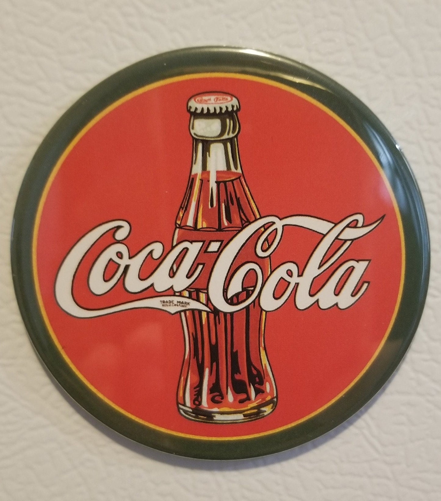 Coke Bottle Logo From The 1930 Era on a 3” Diameter Magnet with Glossy Finish Steel.Gift For Him or Her.