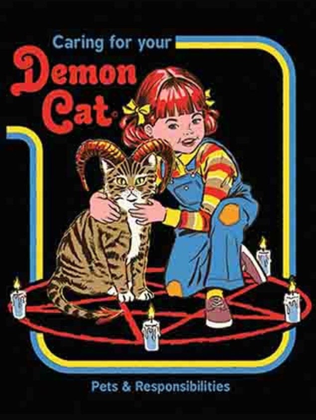 Caring For Your Demon Cat on a 2.5x3.5 Funny Refrigerator Magnet with Glossy Finish and Metal Construction.Gift For Any Cat Lover.